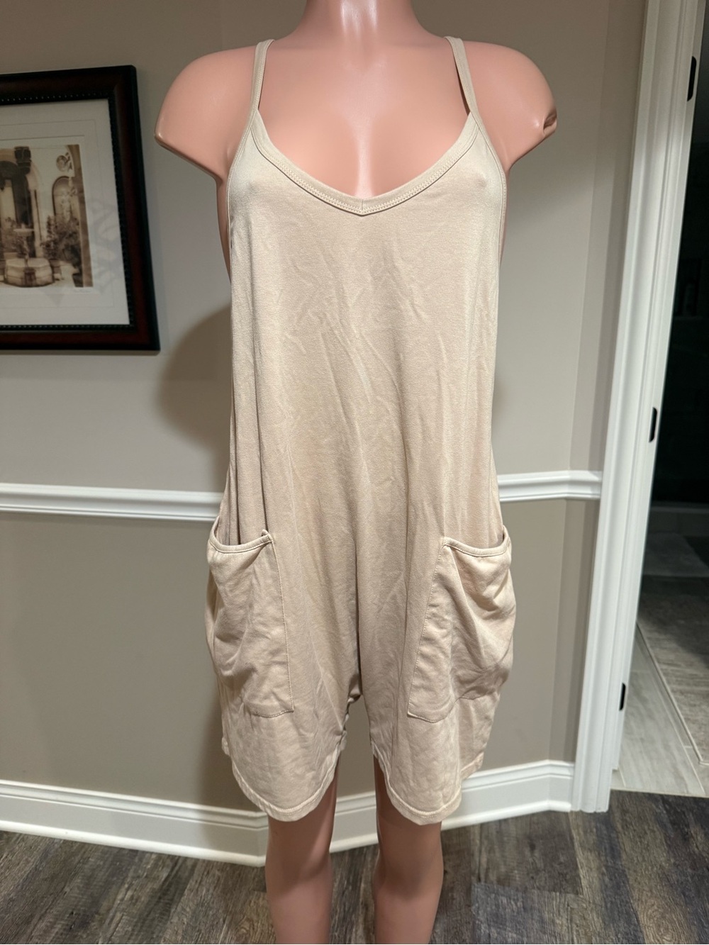Beige Sleeveless Pocket Romper